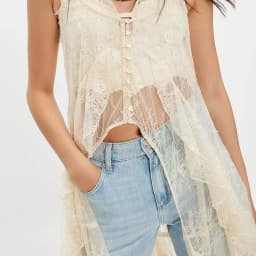 Women Sheer Maxi Lace Tanks Spaghetti Strap Mesh Tie Front Long Camisole Boho Flowy Floral See Through Coquette Layering Tops
