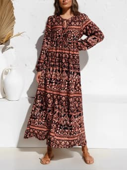 Vintage Chic Women Long Sleeve Ethnic Floral Print Beach Bohemian V-neck Maxi Dress Ladies Rayon Cotton Summer Boho Dresses