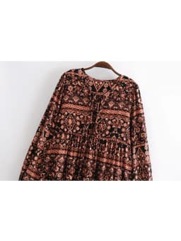 Vintage Chic Women Long Sleeve Ethnic Floral Print Beach Bohemian V-neck Maxi Dress Ladies Rayon Cotton Summer Boho Dresses