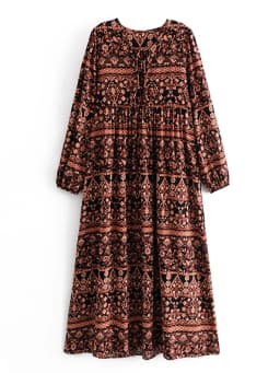 Vintage Chic Women Long Sleeve Ethnic Floral Print Beach Bohemian V-neck Maxi Dress Ladies Rayon Cotton Summer Boho Dresses
