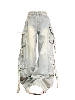 Women's Blue Multi Pocket Cowboy Pants Cargo Y2K Japanese Harajuku Streetwear Aesthetics Retro 90S Jeans Pants Clothing 2025 New