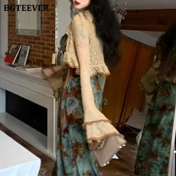 BGTEEVER Vintage Slim Women 2 Pieces Dress Set Long Sleeve Cardigans Tops & Printed Bodycon Dress Spring Fashion Ladies Outfits