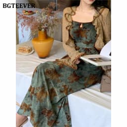 BGTEEVER Vintage Slim Women 2 Pieces Dress Set Long Sleeve Cardigans Tops & Printed Bodycon Dress Spring Fashion Ladies Outfits