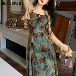 BGTEEVER Vintage Slim Women 2 Pieces Dress Set Long Sleeve Cardigans Tops & Printed Bodycon Dress Spring Fashion Ladies Outfits