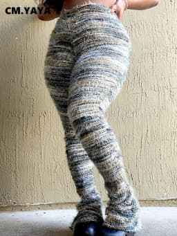 CM.YAYA Women Streetwear Knit Ribbed Striped Keep Warm Winter Flare Pants 2024 Fashion Active High Waist Trousers