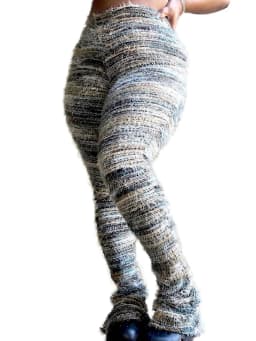 CM.YAYA Women Streetwear Knit Ribbed Striped Keep Warm Winter Flare Pants 2024 Fashion Active High Waist Trousers
