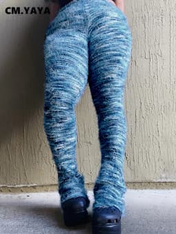 CM.YAYA Women Streetwear Knit Ribbed Striped Keep Warm Winter Flare Pants 2024 Fashion Active High Waist Trousers