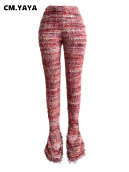 CM.YAYA Women Streetwear Knit Ribbed Striped Keep Warm Winter Flare Pants 2024 Fashion Active High Waist Trousers