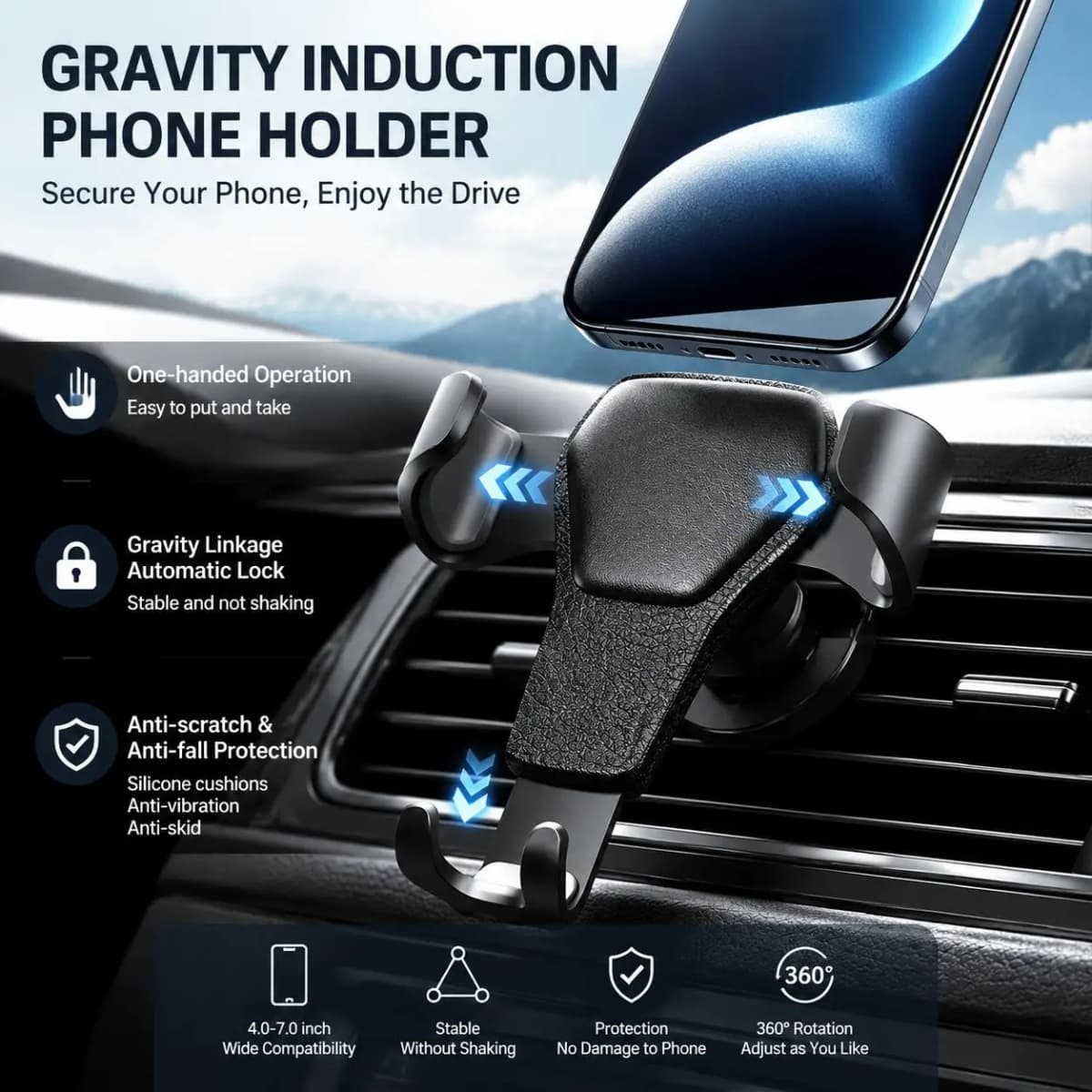 Heavy Duty Gravity Car Phone Mount Air Vent Clip Universal Shockproof Anti Shake Mobile Phone Holder One Hand Quick Pick Place Strong Grip Cradle Stand For Samsung Android Smartphone 360 Rotation Adjustable Easy Installation Secure Fit Car Vent Mount