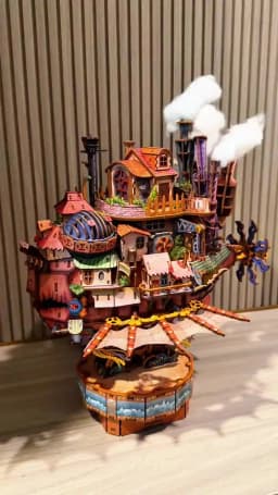 Tonecheer Travel Vessel Howl's Moving Castle Wooden Puzzle Building Blocks Diorama Model Kit Dollhouse 3D Wooden Birthday Gift
