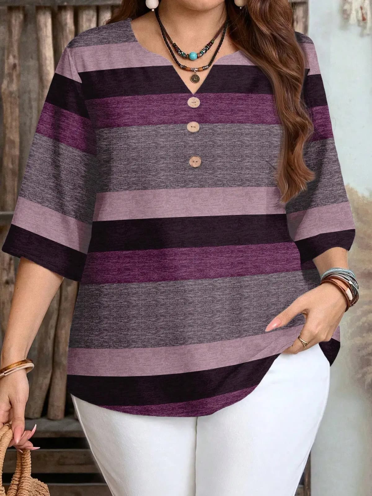 Plus Size Women Striped Print Blouse 3/4 Sleeve V‑Neck Button Decor Elastic Fabric Casual Ladies Tops
