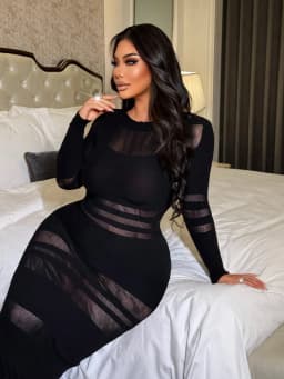 Women's Sexy Long Sleeve Midi Dress Sheer Mesh Stripe Pattern Patchwork Bodycon Party Dress Club Evening Outfit