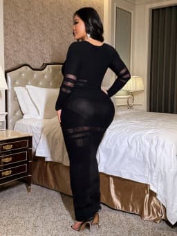Women's Sexy Long Sleeve Midi Dress Sheer Mesh Stripe Pattern Patchwork Bodycon Party Dress Club Evening Outfit