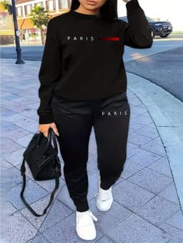 Women's Autumn and Winter Hip-Hop Casual Street Fashion Paris Letter Printed Round Neck Sports Shirt + Sports Pants Warm Suit