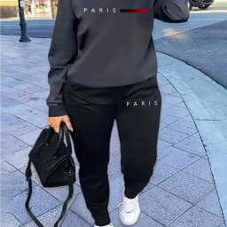 Women's Autumn and Winter Hip-Hop Casual Street Fashion Paris Letter Printed Round Neck Sports Shirt + Sports Pants Warm Suit
