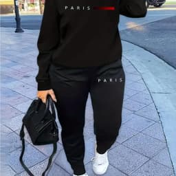 Women's Autumn and Winter Hip-Hop Casual Street Fashion Paris Letter Printed Round Neck Sports Shirt + Sports Pants Warm Suit