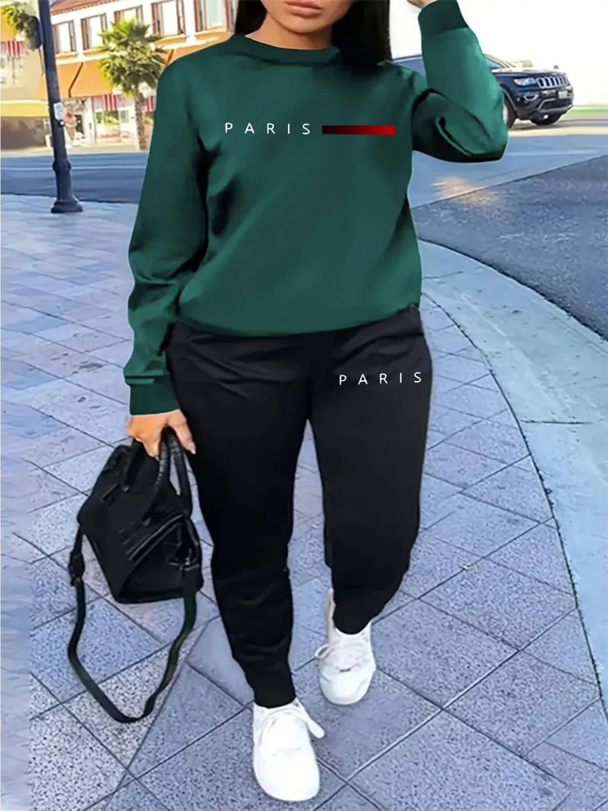 Women's Autumn and Winter Hip-Hop Casual Street Fashion Paris Letter Printed Round Neck Sports Shirt + Sports Pants Warm Suit