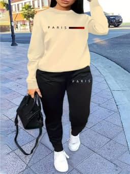 Women's Autumn and Winter Hip-Hop Casual Street Fashion Paris Letter Printed Round Neck Sports Shirt + Sports Pants Warm Suit