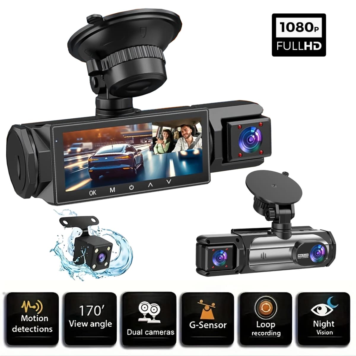 3 Cameras Dash Cam 1080P Front and Rear View Camera Night Vision Parking Monitor Car DVR 3way Car Video Recorder With Gift