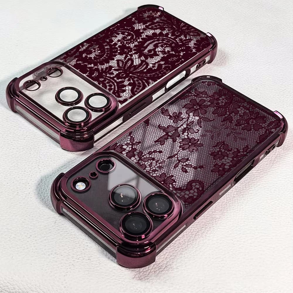 Luxury Burgundy Lace Electroplated Case for Iphone 18 Pro Max 17 16 15 14 11 12 13 Pro Max Plus Air 16e Shockproof Airbag Cover