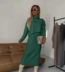 Fashion Knitted 2 Piece Set Autumn New Loose Turtleneck Solid Color Sweater High Waist Long Skirt Suit Elegant Women Clothing