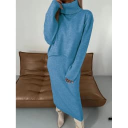 Fashion Knitted 2 Piece Set Autumn New Loose Turtleneck Solid Color Sweater High Waist Long Skirt Suit Elegant Women Clothing