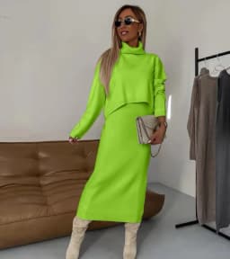 Fashion Knitted 2 Piece Set Autumn New Loose Turtleneck Solid Color Sweater High Waist Long Skirt Suit Elegant Women Clothing