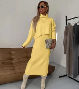 Fashion Knitted 2 Piece Set Autumn New Loose Turtleneck Solid Color Sweater High Waist Long Skirt Suit Elegant Women Clothing