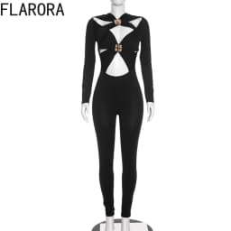 FLARORA Sexy Hollow Out Jumpsuits Woman Trend Metal Buckle Decoration Full Sleeve Skinny Peach Hip Party Club Street Overalls