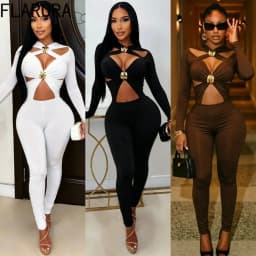 FLARORA Sexy Hollow Out Jumpsuits Woman Trend Metal Buckle Decoration Full Sleeve Skinny Peach Hip Party Club Street Overalls
