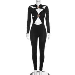 FLARORA Sexy Hollow Out Jumpsuits Woman Trend Metal Buckle Decoration Full Sleeve Skinny Peach Hip Party Club Street Overalls