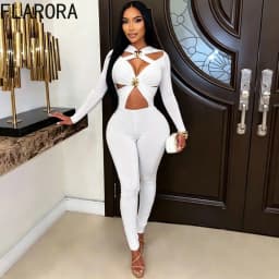 FLARORA Sexy Hollow Out Jumpsuits Woman Trend Metal Buckle Decoration Full Sleeve Skinny Peach Hip Party Club Street Overalls