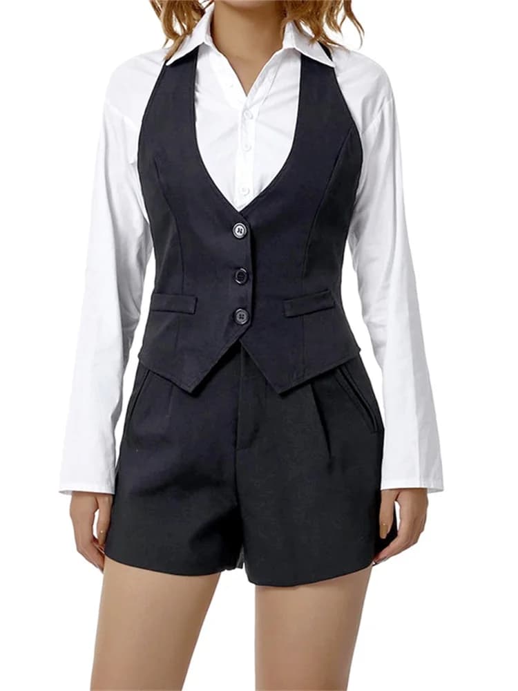 Women Waistcoat Vintage Sleeveless V Neck Button Down Vest Blazer Fashion Top
