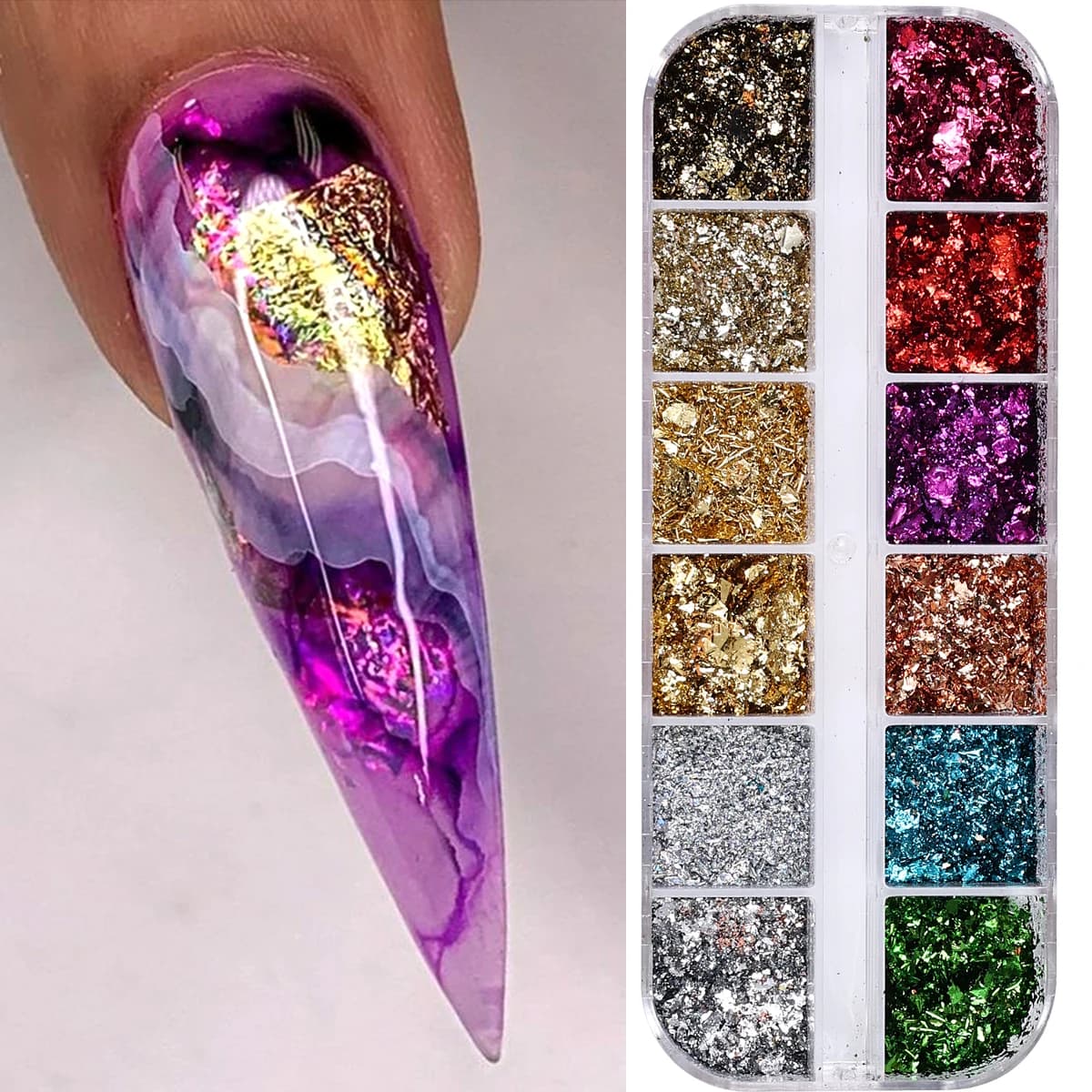 12 Grids Double Color Gold Foils Gorgeous Nail Glitter Sparkles Irregular Random Aluminum Flake Paillette Chip Design Decoration