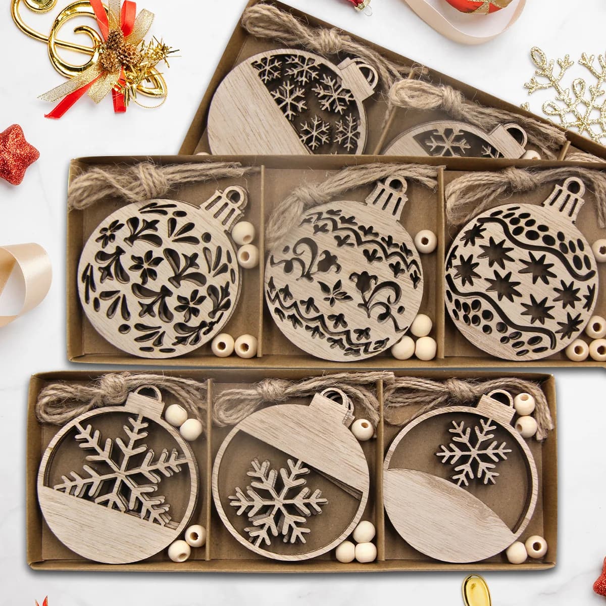 12PCS/Box Wooden Xmas Ball Pendant Hollowed Snowflake Hanging Ornaments for Noel Tree Decorations DIY Gifts Wrapping Supplies