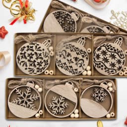 12PCS/Box Wooden Xmas Ball Pendant Hollowed Snowflake Hanging Ornaments for Noel Tree Decorations DIY Gifts Wrapping Supplies