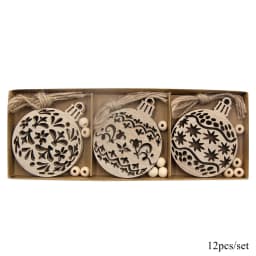 12PCS/Box Wooden Xmas Ball Pendant Hollowed Snowflake Hanging Ornaments for Noel Tree Decorations DIY Gifts Wrapping Supplies