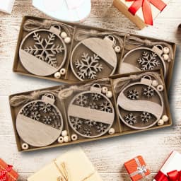 12PCS/Box Wooden Xmas Ball Pendant Hollowed Snowflake Hanging Ornaments for Noel Tree Decorations DIY Gifts Wrapping Supplies