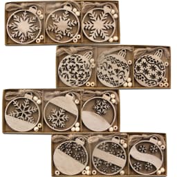 12PCS/Box Wooden Xmas Ball Pendant Hollowed Snowflake Hanging Ornaments for Noel Tree Decorations DIY Gifts Wrapping Supplies