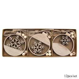 12PCS/Box Wooden Xmas Ball Pendant Hollowed Snowflake Hanging Ornaments for Noel Tree Decorations DIY Gifts Wrapping Supplies