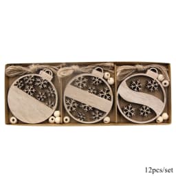 12PCS/Box Wooden Xmas Ball Pendant Hollowed Snowflake Hanging Ornaments for Noel Tree Decorations DIY Gifts Wrapping Supplies