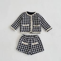 Girl Clothing Set 2026 Spring Baby Tweed Plaid Girl's Two Piece Suit Jacket+ Short Pants Sweet Girl's Suit