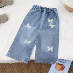 Girls BlingBling Denim Pants New Baby Diamond Bow Print Jeans Children Clothes Kids Straight Legged Pants Loose Trousers 2-10Y