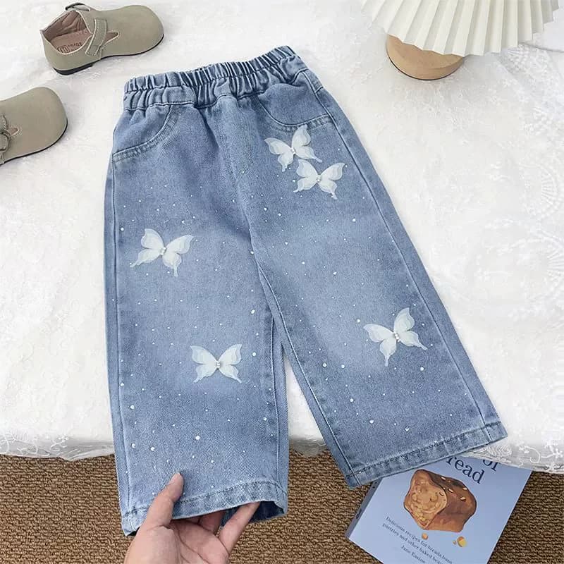 Girls BlingBling Denim Pants New Baby Diamond Bow Print Jeans Children Clothes Kids Straight Legged Pants Loose Trousers 2-10Y