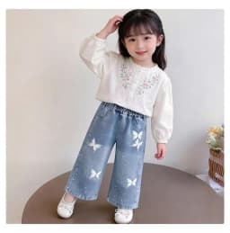 Girls BlingBling Denim Pants New Baby Diamond Bow Print Jeans Children Clothes Kids Straight Legged Pants Loose Trousers 2-10Y