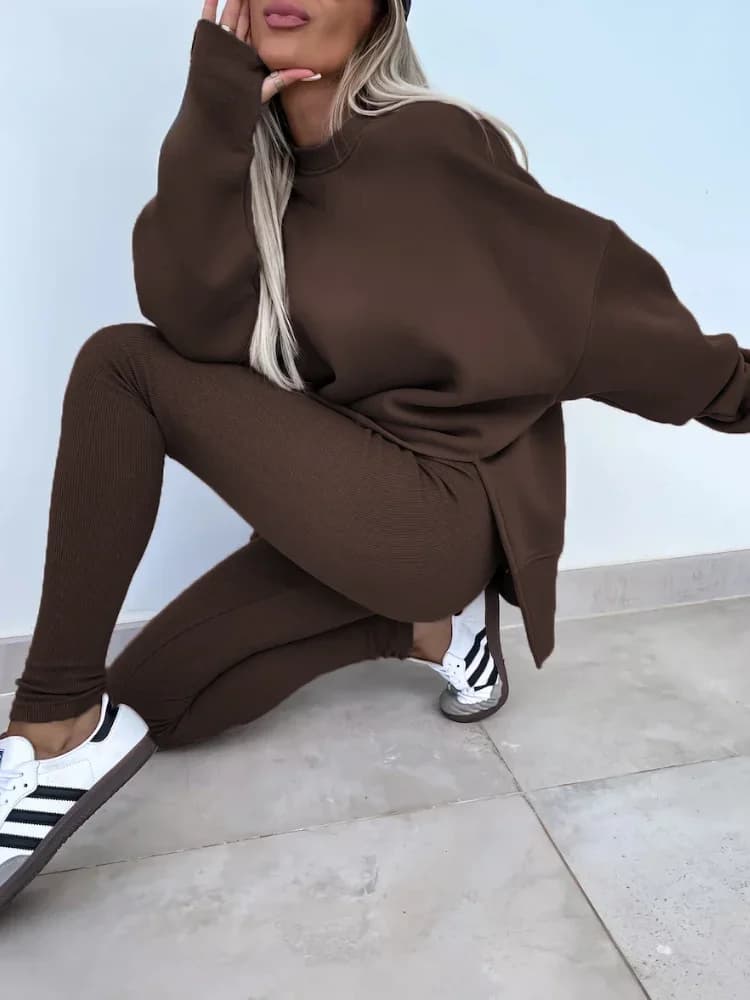 Women's 2-Piece Sports Set Spring Autumn Fashion Loose Long Sleeve O-Neck Sweater Top Slim Fit Leggings Casual Outfit
