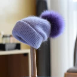 Winter Women's Real Fox Fur Pom-Pom Knitted Beanie Cap with Rabbit Fur Trim and Cashmere Touch
