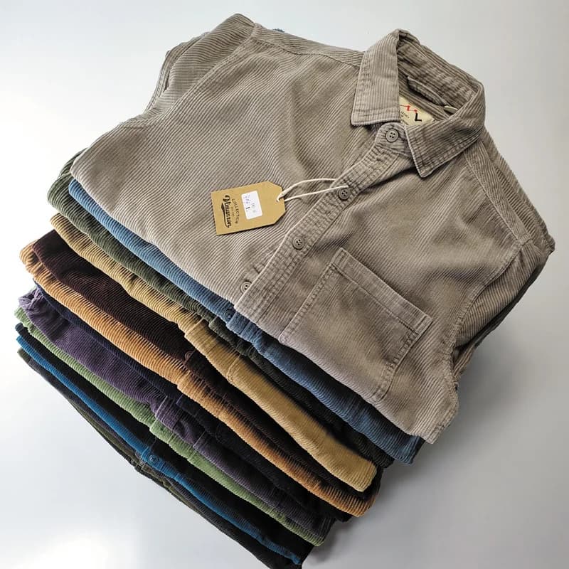 Autumn Winter New American Retro Long-Sleeve Lapel Corduroy Shirt Men's Fashion 100% Cotton Washed Single Pocket Casual Blouses