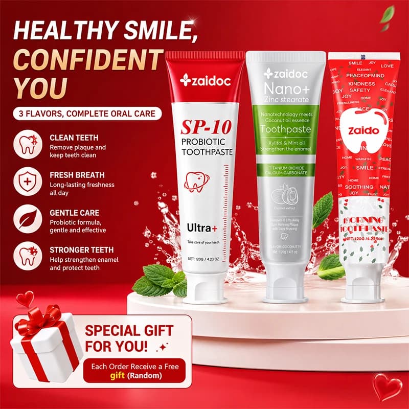 ZaiDoc 3Pcs Toothpaste Set : Probiotic + Coconut Whitening + Clear Gel with Christmas Hearts Nano Hydroxyapatite Natural Oral Care 120g Each