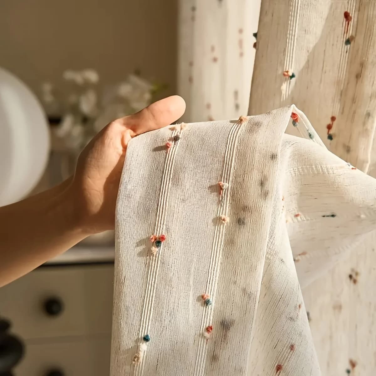 1PC Boho Style Linen Sheer Curtain, Rod Pocket Design, Ideal for Living Room, Bedroom, Balcony, Rural Home Decor, 1pc